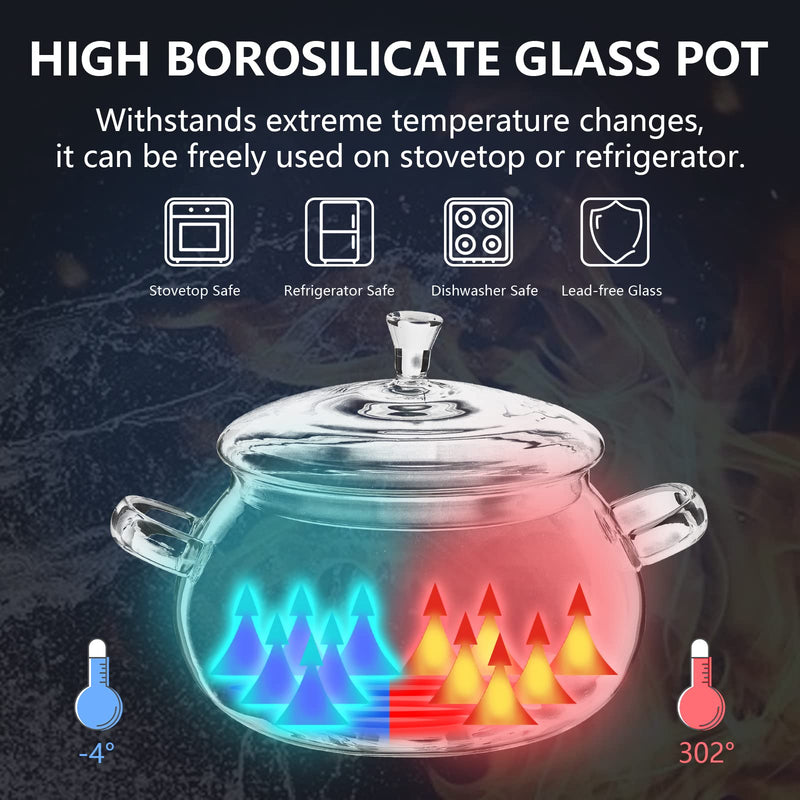 2450ML/83oz Glass Clear Saucepan with Lid,Best Handmade Easy Clean Heat Resistant Glass Cooking Pot for Noodles, Soup, Cereals, Fruits