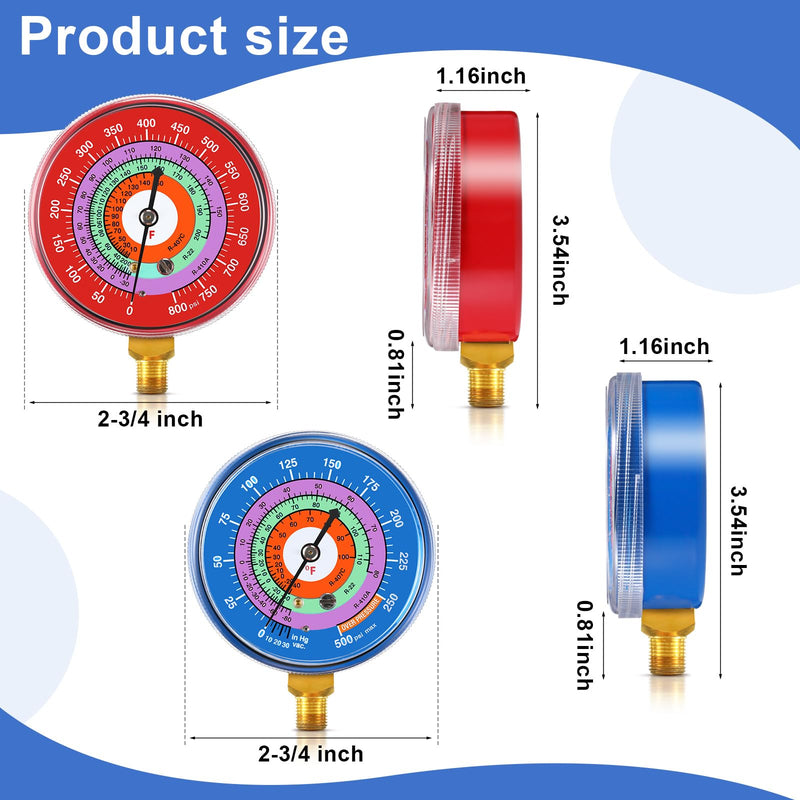 Relaxweex Refrigeration Pressure Gauge Kit R-134a, R-404a, R-2092, R-410a R-134a 0-800psi 1/8" Npt Lower Mount 30inhg-0-250psi, 250-500psi & 0-800psi Degree F Blue Dial & Red Dial (70mm(2-3/4" Dial)) 70mm(2-3/4" Dial)