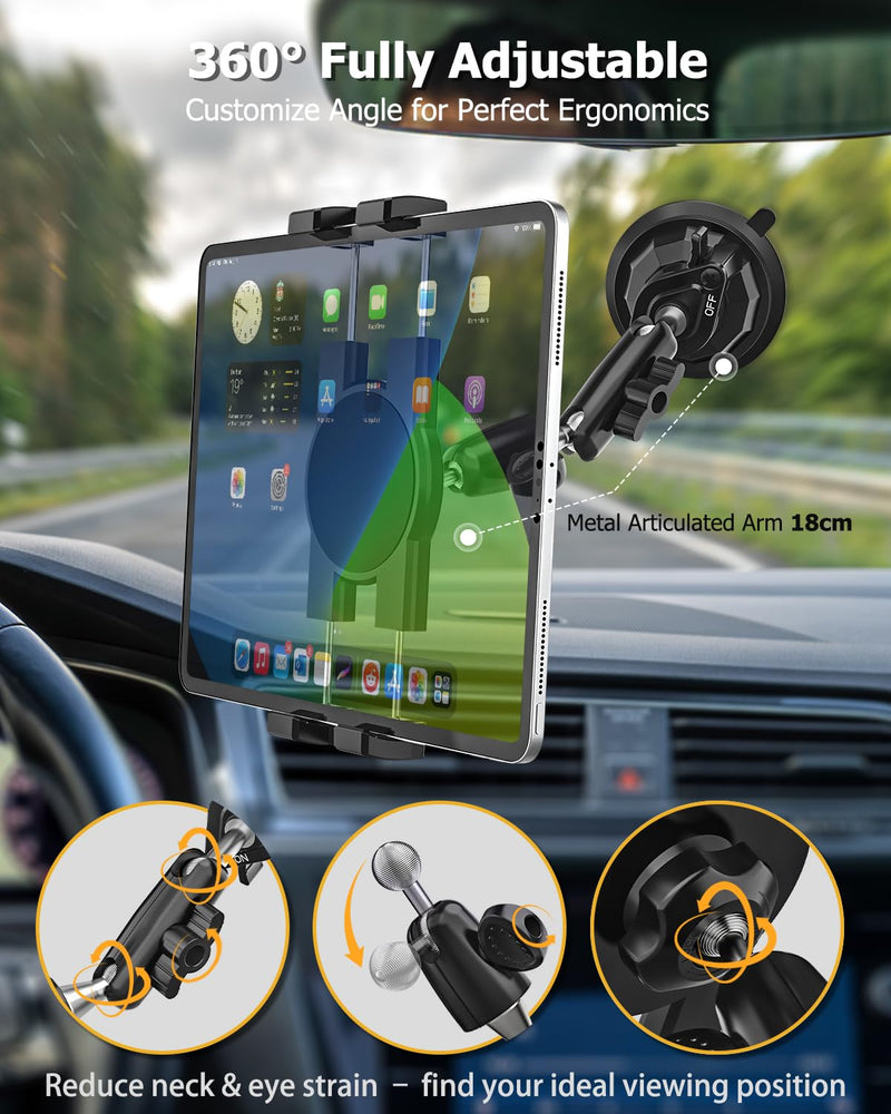 Car Cockpit Tablet Mount Suction, Vehicle Tablet Holder for Driver [Flexible Metal Arm] Dashboard Windshield Window Mounting for Tablets Phones, iPad, Galaxy Tab, Z Fold, iPhone, 4-13" Device