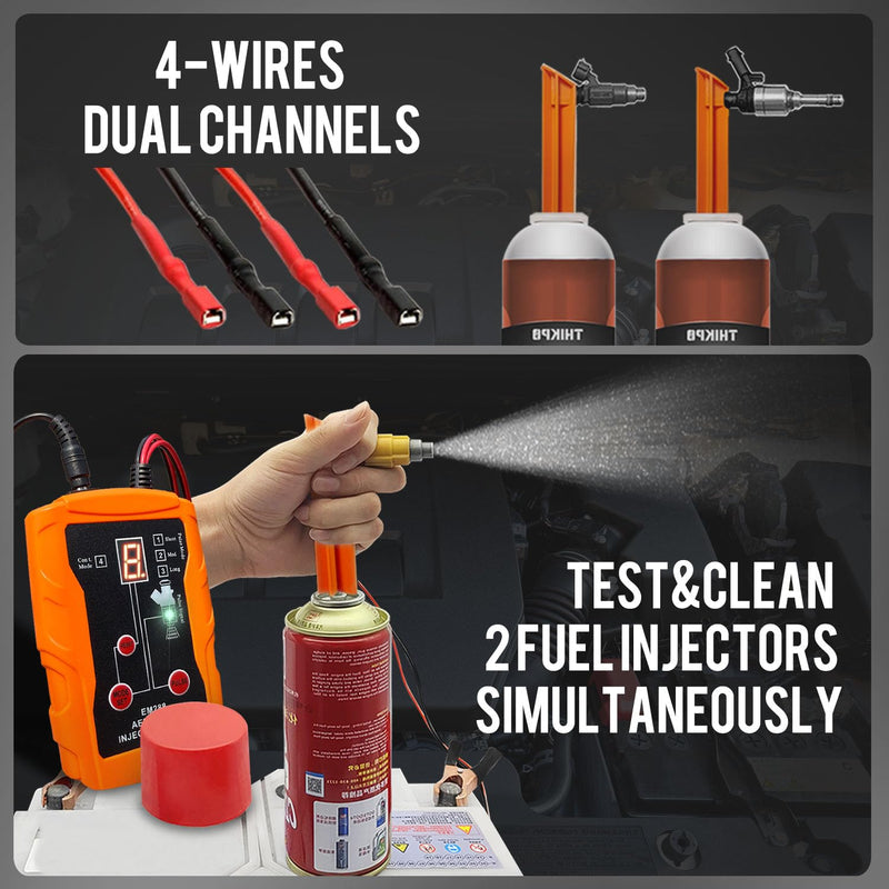 THIKPO Fuel Injector Tester and Cleaner Tool Kit, DIY Cleaning Tool Kit, 8 Pulse Modes for Injector Tester, 2 Fuel Injectors Simultaneously Test, 4 Size Cleaning Adapters, 12V/5V Output Power Orange