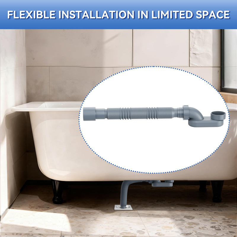 Flexible Freestanding Tub Drain Kit, Low Profile Flat P Trap for 1 1/2" Bathtub & Shower Drain Pipe, Easy Install, Fits Freestanding Bath Tubs, PVC Drain Hose Included