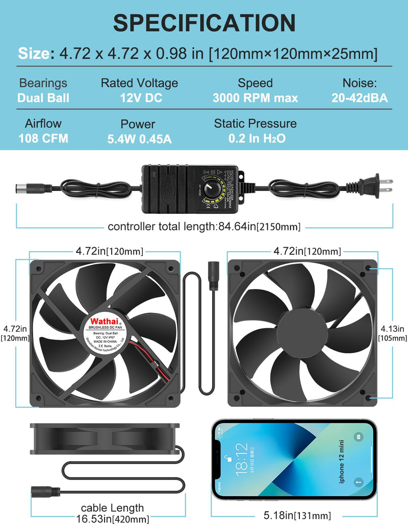 Wathai 120mm Waterproof Small Box Fan IP67 12V Computer Fan AC 110v 120v | Dual Ball Fan with AC Plug DC 12V to AC 110V 240V Speed Controller for Biltong Box Grow Tent Terrarium Aquarium Greenhouse IP67 120mm fan with Controller