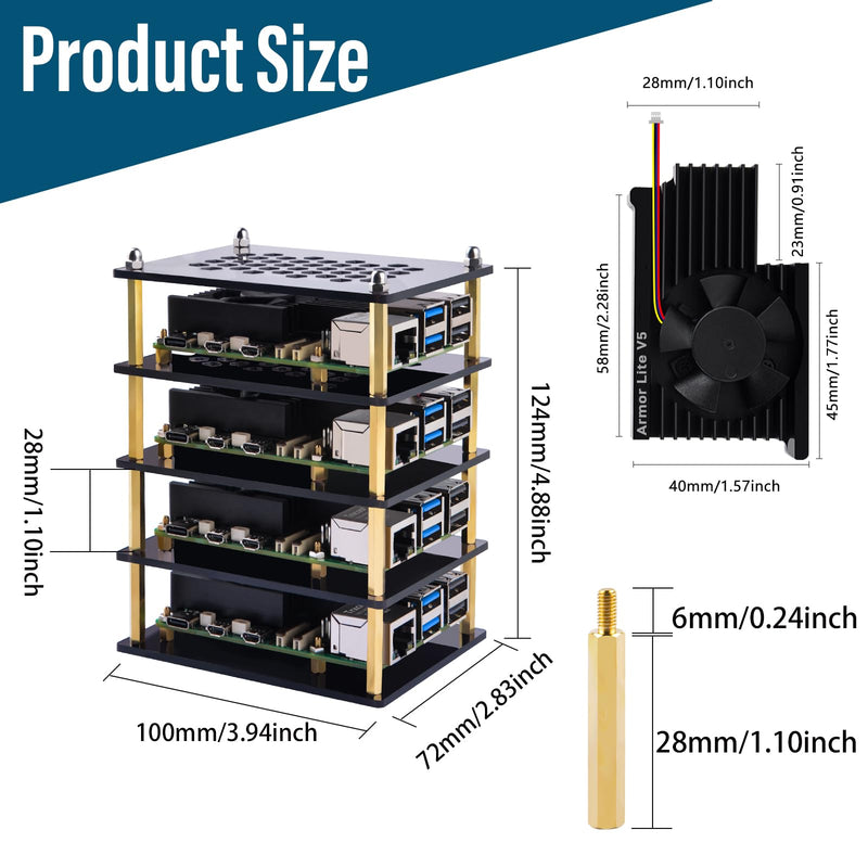 GeeekPi 4 Layers Cluster Case for Raspberry Pi 5, Pi 5 Stackable Case with 4PCS Armor Lite V5 Active Cooler for Raspberry Pi 5 8GB 4GB Brown