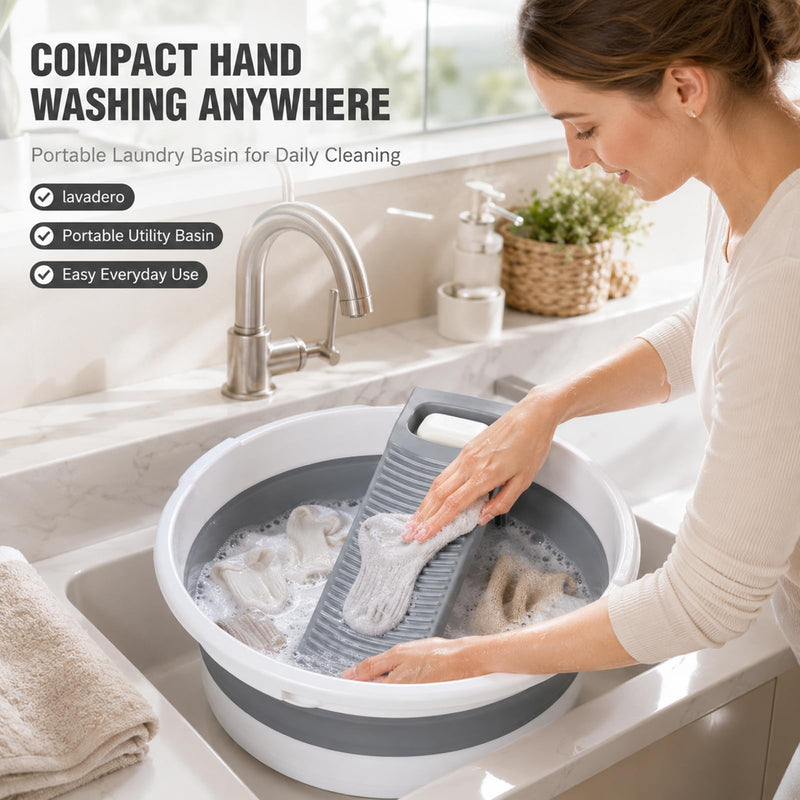 Washboard Basin for Hand Washing Clothes, 8 Gallon Collapsible Laundry Tub with Detachable Washboard, Dual Drain Design, Foldable Utility Wash Basin for Apartment, RV, Camping, Travel & Small Spaces Gray White 20"x20"