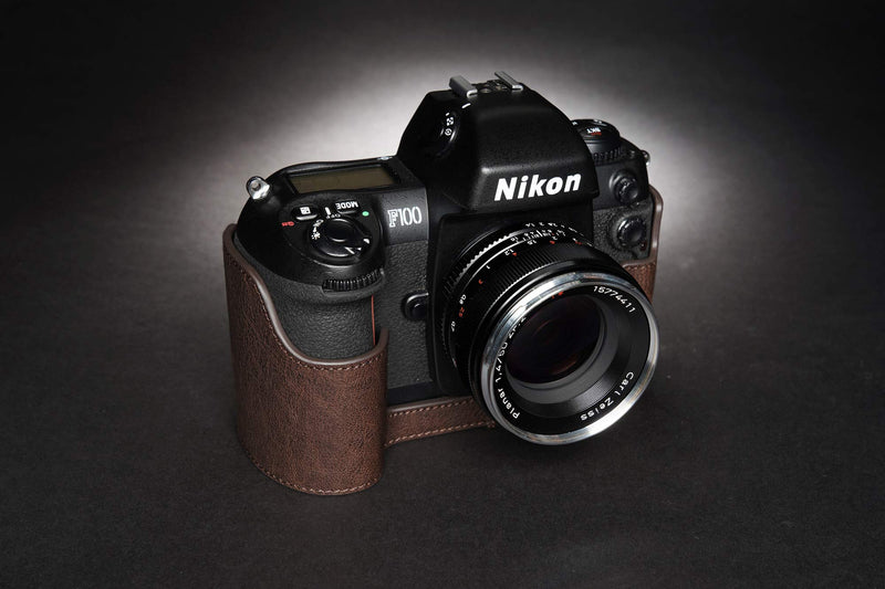 Nikon F100 Case, BolinUS Handmade Genuine Real Leather Half Camera Case Bag Cover for Nikon F100 Camera with Hand Strap (Coffee) Coffee