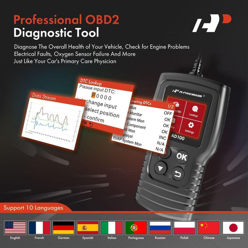 A-Premium AD100 Universal OBD2 Scanner Diagnostic Tool, Car Code Reader OBDII/EOBD/CAN Scan Tool, Check Engine Light/Read Clear Fault Codes/Smog Check/Live Data Stream/Battery Test, For Car Since 1996