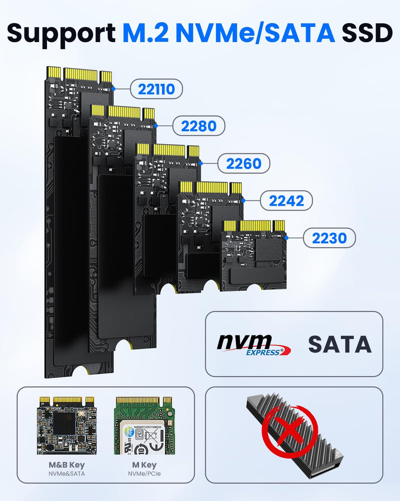 M.2 NVMe SATA SSD Cloner : Coolpie CR220 Dual-Bay Offline Clone M.2 Duplicator, Tool-Free 20Gbps USB3.2 Gen2*2 M.2 Docking Station for SSDs 2230/2242/2260/2280/22110