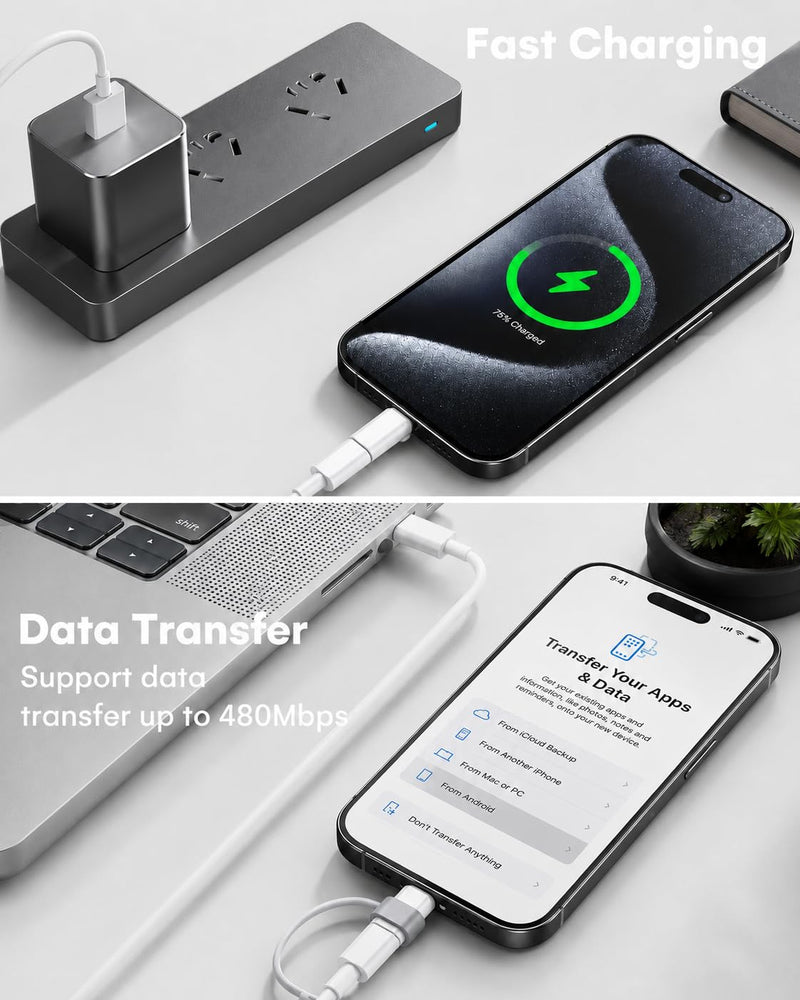 3-Pack Lightning Female to USB-C Male Adapter for iPhone 15/16/17 | Supports Charging and Data Transfer; Reuses Old Lightning Cables with USB-C Devices; Not for Audio or OTG. white