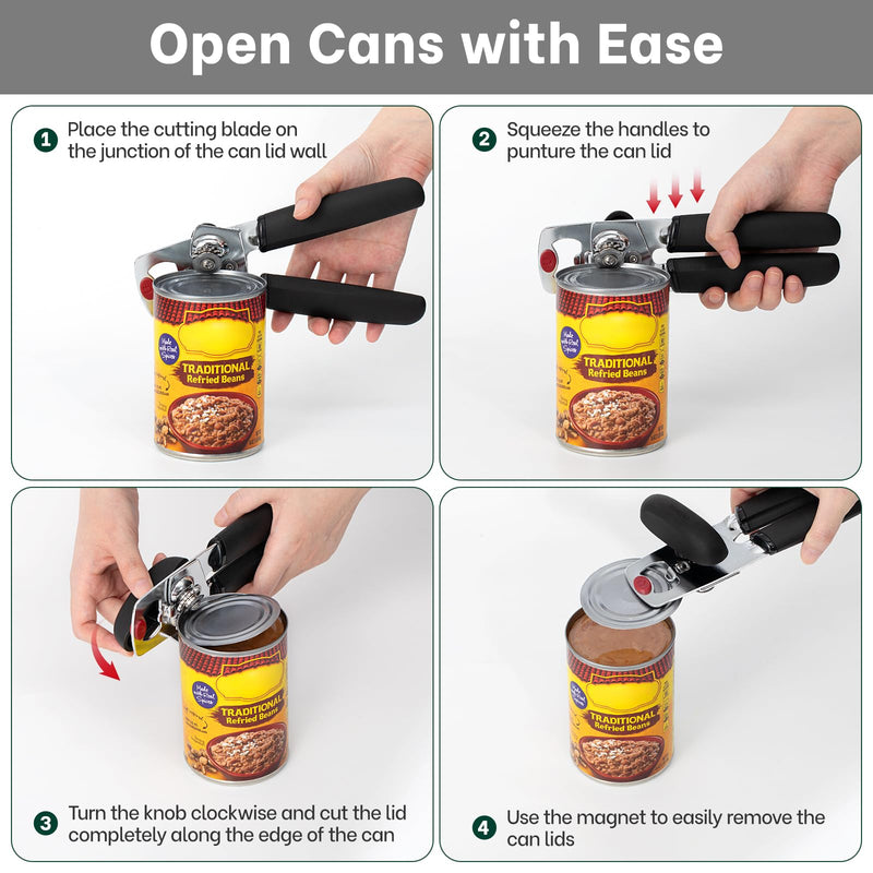 Beneno Heavy Duty Can Opener Manual with Magnet, Smooth Cutting Blade, Durable High Carbon Steel Hand Can Opener Manual with Easy to Turn Knob & Soft Grip Handles, Multifunctional Bottle Opener, Black