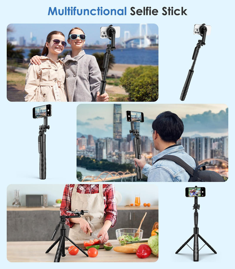 MoKo 68" Magnetic Selfie Stick Compatible with MagSafe, Extendable Rotatable Phone Tripod Stand with Remote for iPhone 15 14 13 12 and All Phones with Metal Ring, Fit for Selfie/Photo/Live/Vlog, Black