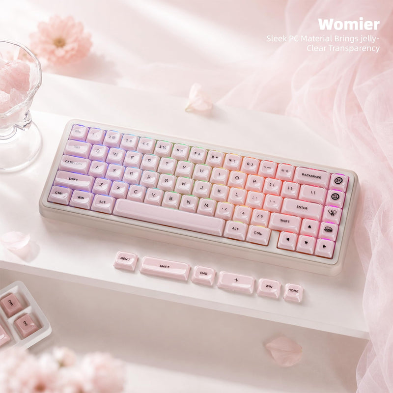 Womier Low Profile Keycaps, Jelly Pink Keycaps, Shine Through Key caps | 127 Keys Custom Keycaps for Mechanical Keyboard 60% 65% 75% 80% 100% Cherry Gateron MX Switches A-Pink