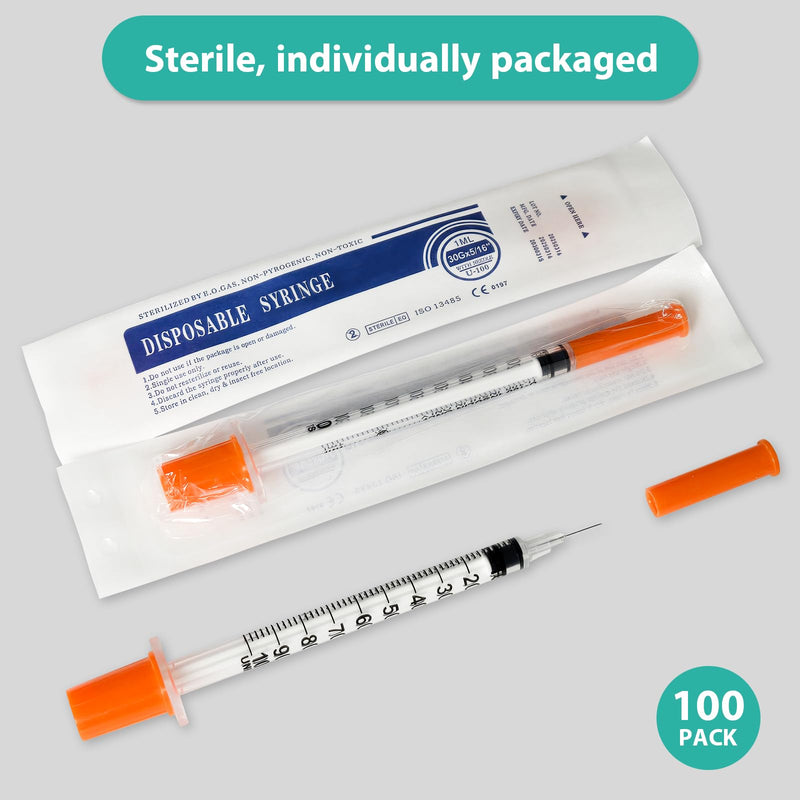 Syringes with Needle, 100 Pack U-100 1ml 30G 5/16" (8mm) Disposable Syringe, Lab Supplies Individual Wrapped 1CC 30G 5/16"