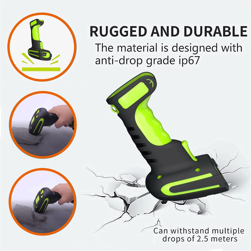 Alacrity 2D Industrial Wireless Barcode Scanner with Charging Stand, Bluetooth Drop Resistant, 1968 Feet Transmission Distance 433Mhz QR 1D Bar Code Reader Green