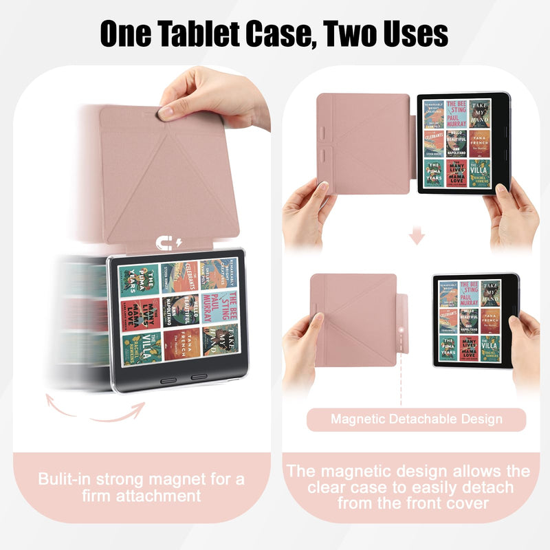 E NET-CASE Detachable Magnetic Case for 7" Kobo Libra Colour & Tolino Vision Color (2024) eReader, Ultra Clear Back Scratch-Proof Light丨Easy to Detach & Attach丨Auto Sleep/Wake Rose Gold