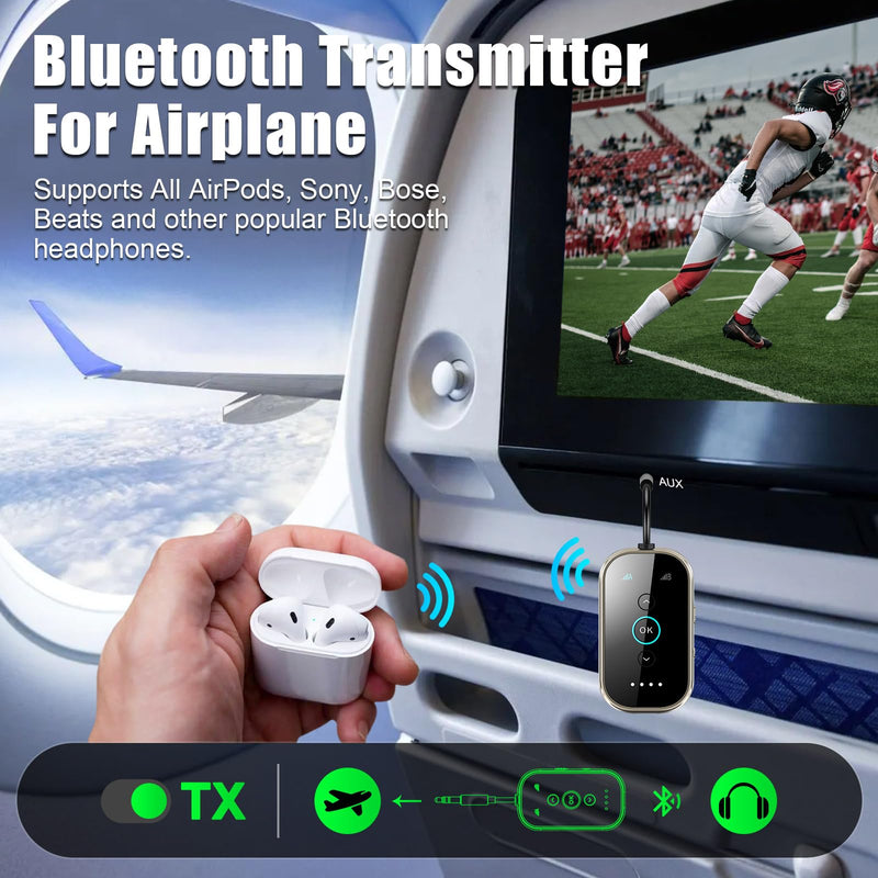 Bluetooth 5.4 Transmitter Receiver – Airplane/TV/Gym Wireless Audio Adapter | CNC metal & glass with Qualcomm aptX LL/HD, pairs with 2 AirPods/headphones for low-latency shared audio Silver Black