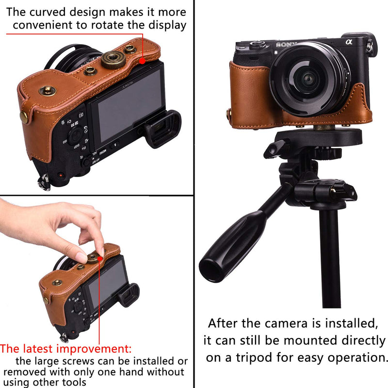 XEVN for sony a6400 case,for sony a6300 case,Premium PU Full Body Leather Camera Case Bag for sony alpha a6300 a6000 a6100 a6400 Fit 16-50mm Lens with Camera Shoulder Strap(Brown) a6000 Series-Brown