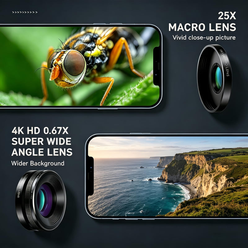 Lens Set for iPhone & Android –22X Telephoto Lens, 0.67X Wide Angle+25X Micro Lens(2-in-1), 205 ° fisheye Lens, Universal Clip, Eyepiece & Carrying Case for Wildlife, Sports & Travel