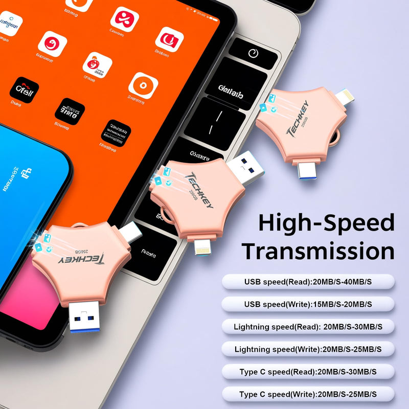 MFi Certified USB 3.0 Flash Drive 256GB for iPhone 3in1 External Memory Photo Keeper Storage Stick for Picture/Video/Data Saver/Backup High Speed Thumb/Jump/Hard Drives for iPad/Android/PC (Rose Gold) 256 GB Rose Gold