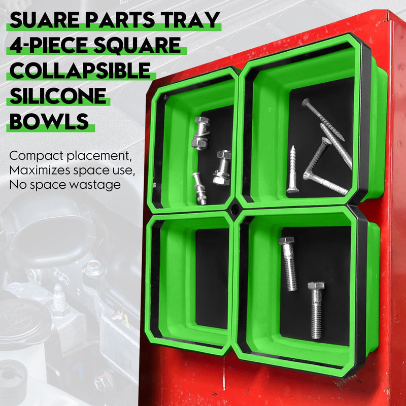 Magnetic Parts Tray 4-Pack – Collapsible Tool Holder for Screws & Bolts | Double-Sided Magnets, 4.5" Bowls, Collapsible, Scratch-Proof, Heat-Resistant, Green, for Workshop, Auto & Home