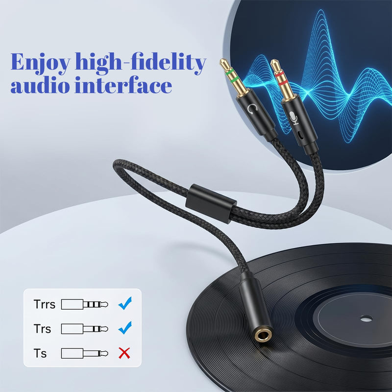 3.5mm Female to 2 Dual Male 3.5mm Audio Splitter, 2-in-1 Y Separator | 3.5 mm Aux Jack Cable 1 in 2 out, Headphone Mic Splitter for PC, Headset Jack Adapter Cable Dongle Cord for Phone, Laptop