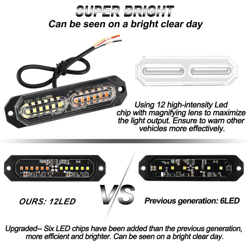 ASPL 8pcs Sync Feature Ultra Slim 12-LED Surface Mount Flashing Strobe Lights for Truck Car Vehicle LED Mini Grille Light Head Emergency Beacon Hazard Warning lights (Amber/White) Amber/White