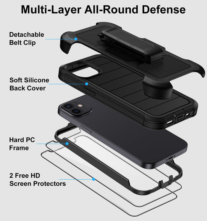 for iPhone 12 Case/iPhone 12 Pro Case with Belt Clip Holster Screen Protectors, Heavy Duty Military Grade Shockproof Protection Anti-Drop Kickstand Phone Cover for Apple 12/12 Pro (Black) Black
