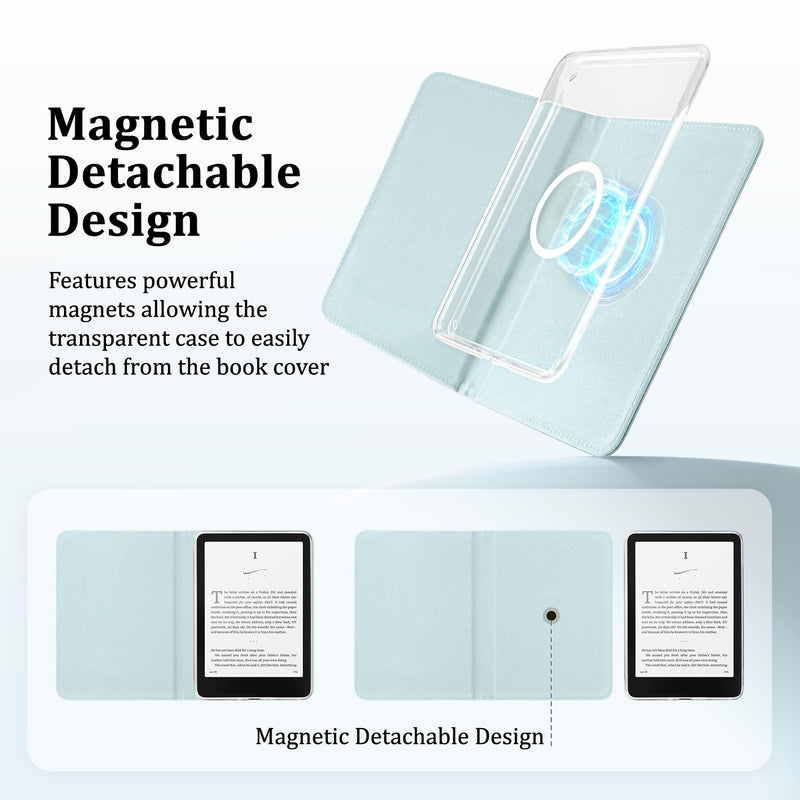 Magnetic Book Cover Case for 7'' Kindle Paperwhite & Colorsoft | Magnetic Detachable, Auto Wake/Sleep, Clear PC Case, Soft TPU Edge, Hands-Free Viewing, Book Design, Embossed Powder Blue 7" E-book-reader