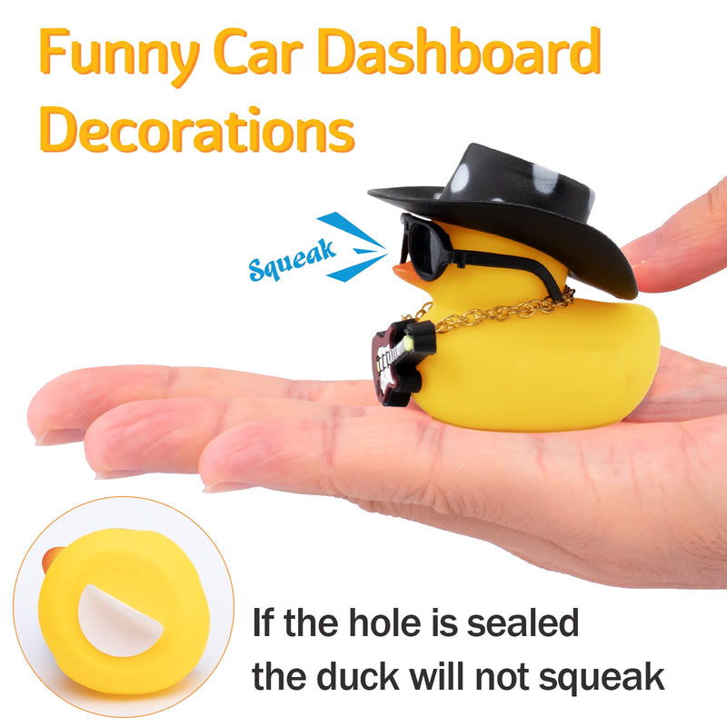 wonuu Rubber Duck Car Ornaments Guitar Duck Cool Car Accessories Car Dashboard Decorations with Cowboy Hat Necklace and Sunglasses, Black&White