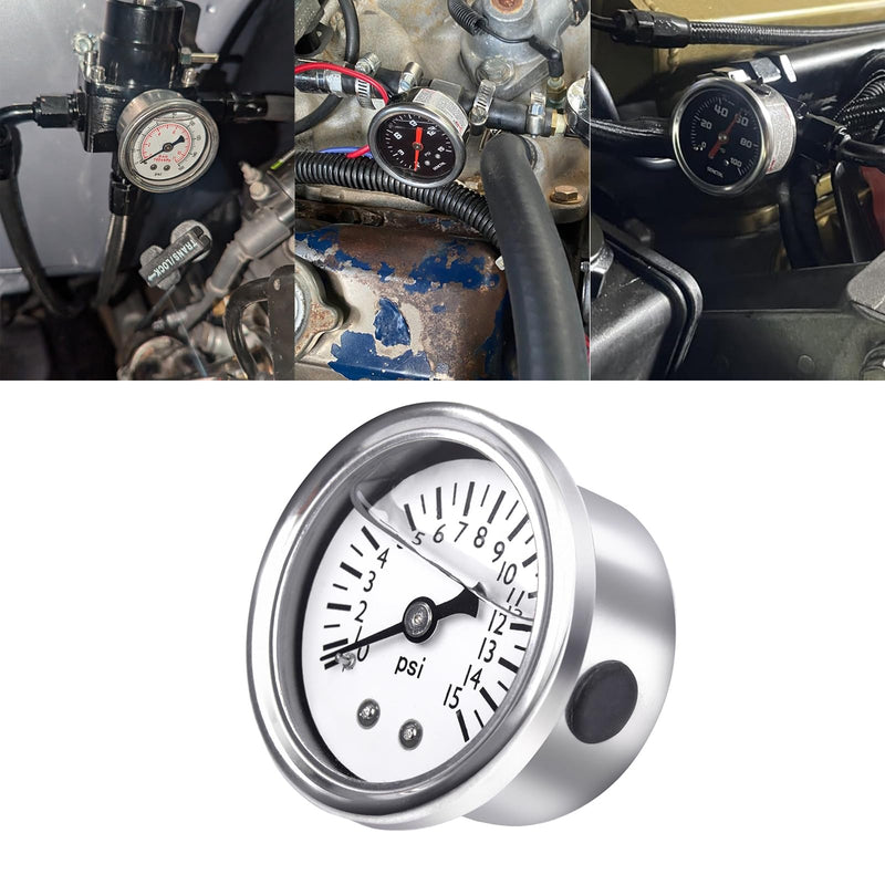 0-15 PSI Fuel Pressure Gauge, 1.5" White Dial, 1/8" NPT Center Back Mount, Glycerin Liquid Filled, 304 Stainless Steel case, Inline Low-Pressure Gauge, for Oil Water Air Pressure Test 0-15PSI