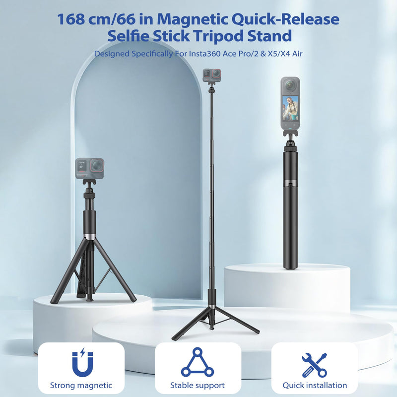 Walking Way 66"/168CM Auto-Open Selfie Stick Tripod, Invisible Selfie Stick for Insta360 Ace/Ace Pro/2/X5/X4 Air, 360° Rotatable Pop-Open Camera Stand, Stable Throwpod for Travel/Vlog