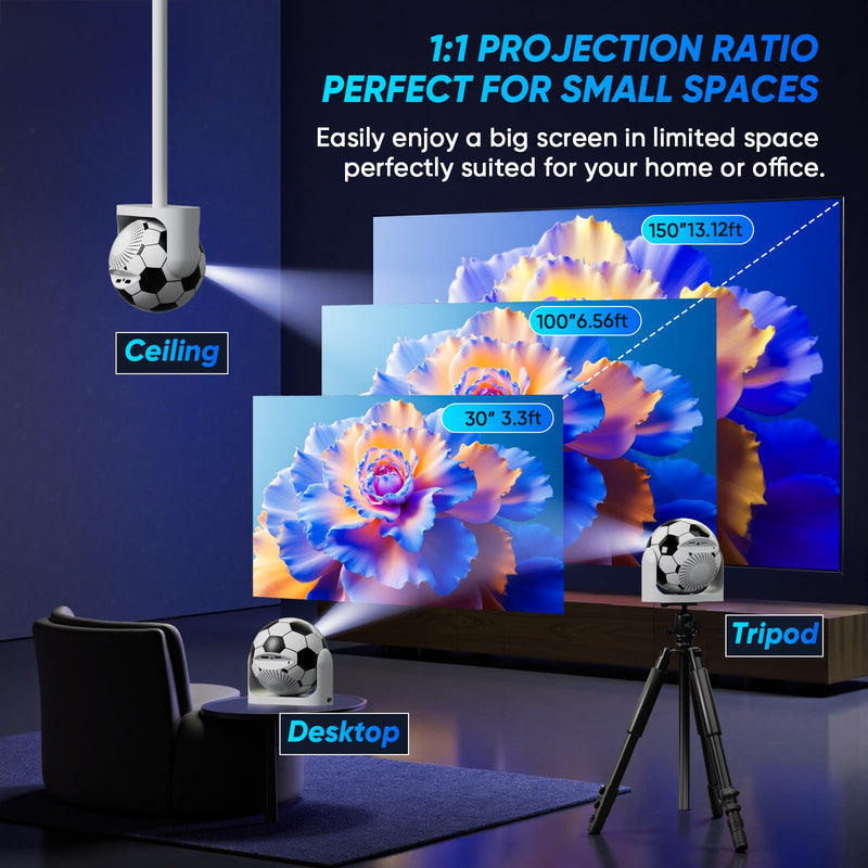 Mini Projector with WiFi and Bluetooth Auto Focus & Vertical Keystone Smart Portable Projector Android 13 with Built in Apps 1080P HD 4K Support w/ HDMI/USB Supported Home Movie Projector (Football) Football