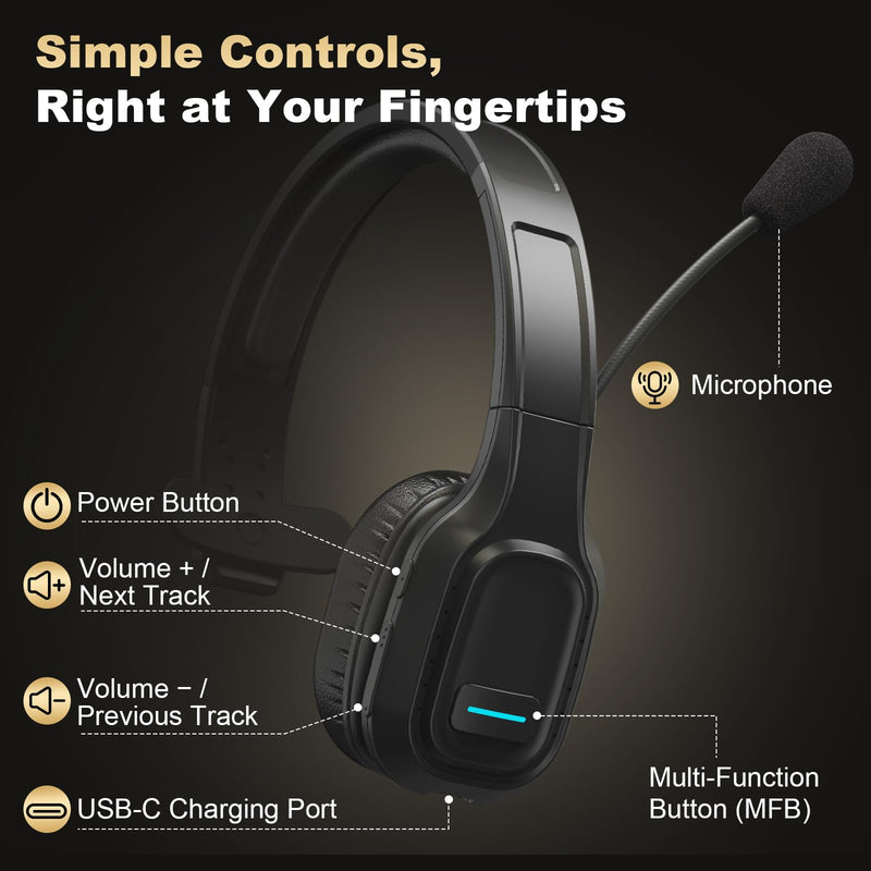 Bluetooth Headset for Truck Drivers, Single Ear Wireless Headphone with Noise Cancelling Mic, Mute Button, Hands-Free Calling, 60H Battery Life for Call Center, Office & Mobile Phone