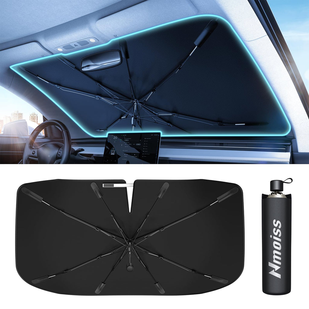 [2024 Upgrade] Nmoiss Windshield Sun Shade Umbrella for Car - [Vinyl Coating] Protect Car from Sun Rays & Heat Damage Keep Cool and Protect Interior, Spring Structure Edge Medium (56" L x 31" W) Medium (56"L x 33"W)