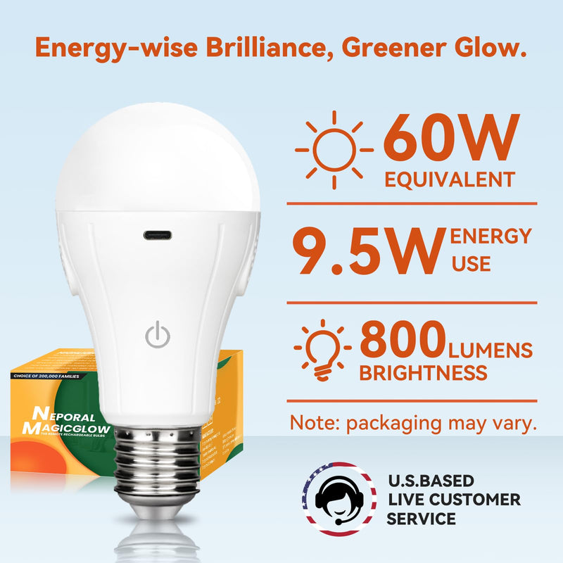 Neporal MagicGlow Rechargeable Light Bulbs with Remote, 3 Colors Shift + Stepless Dimmable Battery Powered LED Bulbs, USB Rechargeable, A19 Emergency LED Light Bulbs, 15W, Up to 24 Hours White 4
