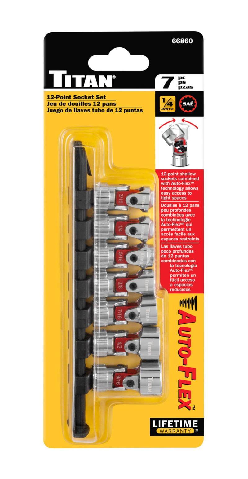 Titan 66860 7-Piece 1/4-Inch Drive SAE Auto Flex Universal Socket Set, 12-Point, 3/16-Inch to 9/16-Inch 0.188 - 0.563 Inch