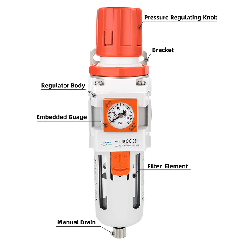 NANPU 3/8" NPT Embedded Gauge Compressed Air Filter Regulator Piggyback Combo, Semi-Auto Drain, 5 Micron Brass Element, Poly Bowl, Metal Bracket Manual Drain