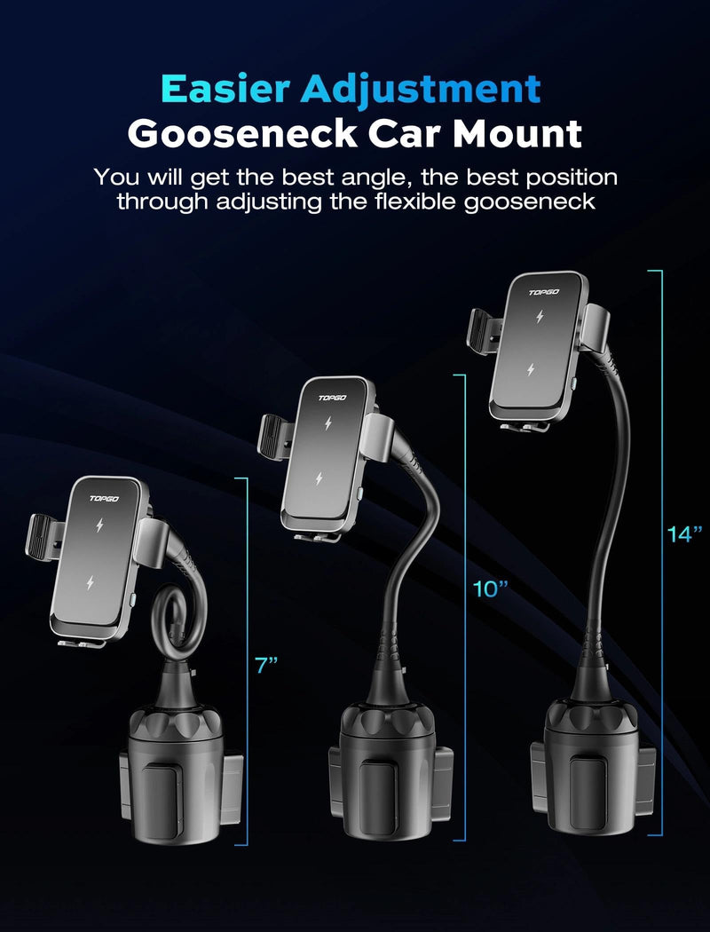 Dual Coil Cup Phone Mount Wireless Charger, Universal Cell Phone Holder, Cup Holder 15W Fast Charging for iPhone 17 16 Pro Max, Samsung Galaxy - Black Wireless Charger Mount