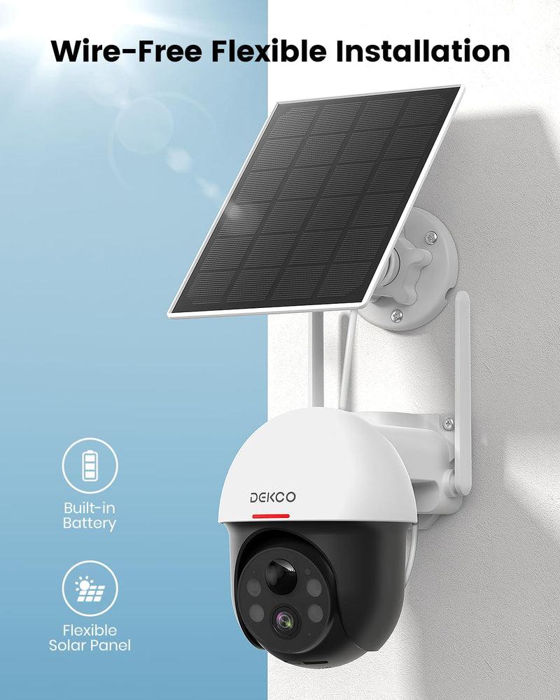 DEKCO Solar Security Camera Outdoor Wireless, Battery Powered, Panoramic Pan Tilt Zoom, Auto Motion Tracking, True 2K, Color Night Vision, Spotlight, 2-Way Talk DC9Lplus
