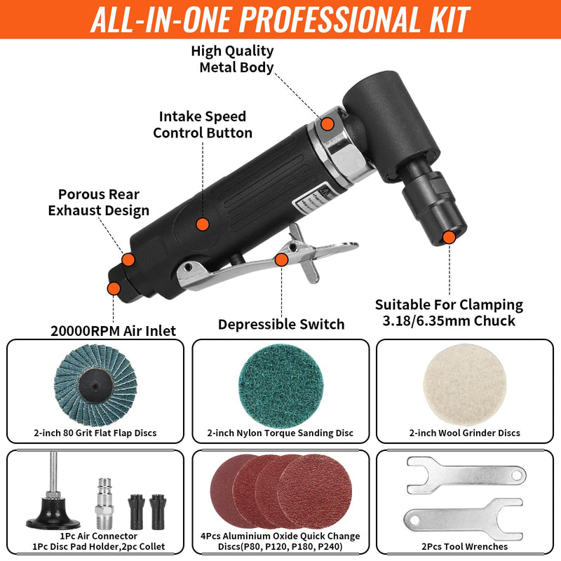 BAIWEN 1/4" Right Angle Air Die Grinder - 90 Degree Heavy Duty 20,000 RPM Compressed Sander Polisher Tool for Contour Grinding, Polishing, Milling, Cutting Black Die Grinder Set