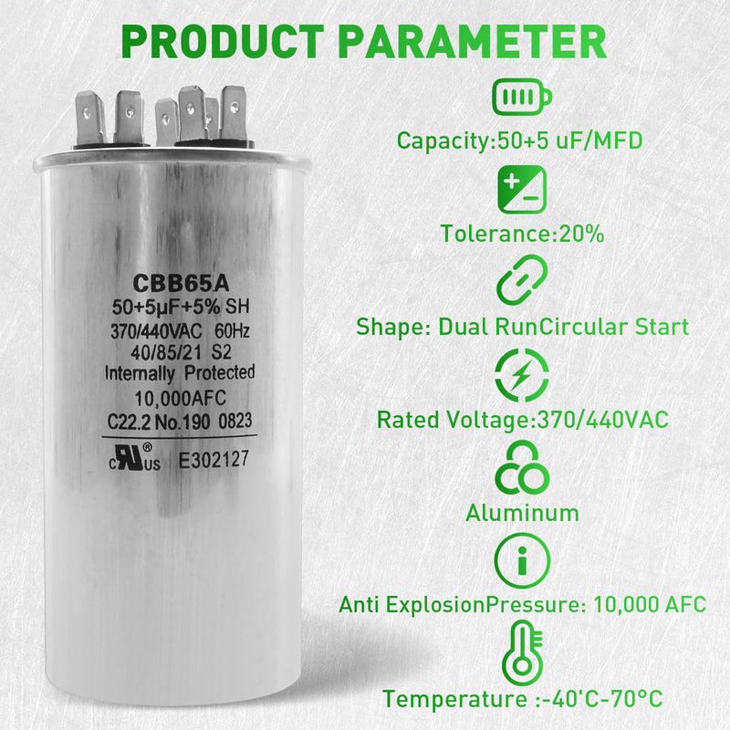 3100248.487 CBB65A Capacitor - 50 + 5uF 370/440VAC 60Hz 10,000AFC Dual Run Circular Start for United States Standard AC Motors, Heat Pumps, Air Conditioning and RV Camper A/C