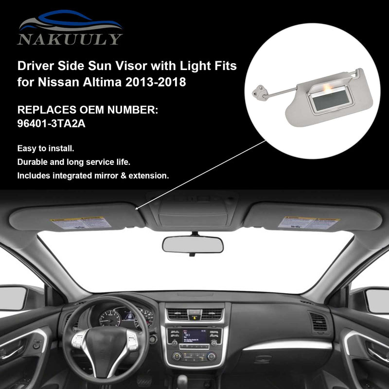 Nakuuly Left Driver Side Sun Visor Gray with Light, Without Sunroof Compatible with Nissan Altima 2013 2014 2015 2016 2017 2018 Replaces # 96401-3TA2A