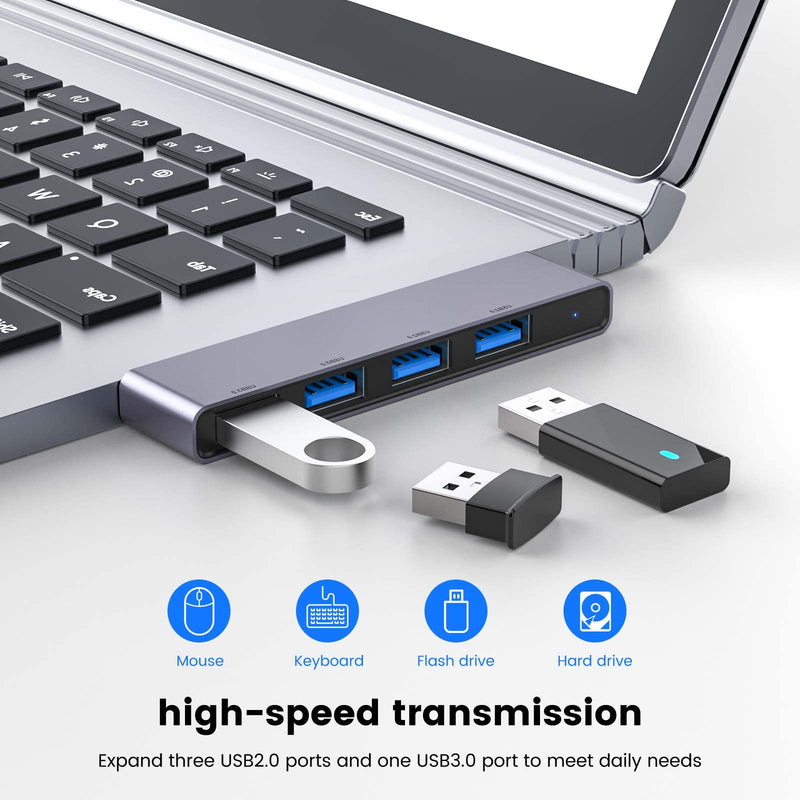 USB Hub 2Pack Right Model, Fidioto 4-Port USB Hub(1 * 3.0 Port, 3 * 2.0 Port) USB Splitter USB Expander for Laptop, Xbox, Flash Drive, HDD, Console, Printer, Camera,Keyborad, Mouse 4in1- 2pcs Right-Grey