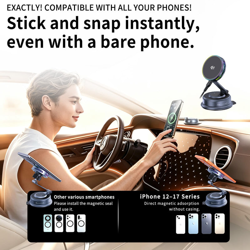 for Qi2.2 25W MagSafe Car Mount Charger,【7omm Big Suction Cup + Cooling Fan】 Magnetic Wireless Car Charger with 45W Adapter,Vacuum Suction Cup Phone Mount for iPhone 17-12,Android,Samsung