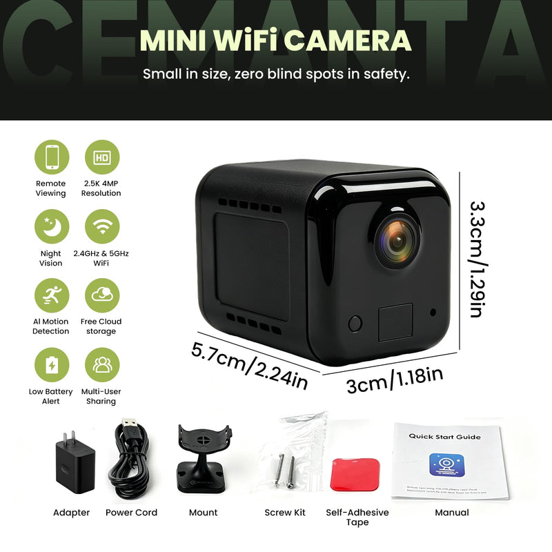 4MP Mini Hidden Camera Wireless Indoor,WiFi Mini Cam | 2.4G/5G WiFi, AI Motion Detection, Night Vision, Battery Powered, Compatible with Alexa Black