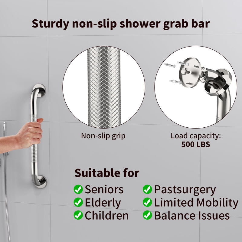 2 Pack 16 Inch Anti Slip Shower Grab Bar Handle, ZUEXT Chrome Stainless Steel Bathroom Grab Bar, Knurled Bathroom Balance Bar,Safety Hand Rail Support,Handicap Elderly Injury Senior Assist Bath Handle 2
