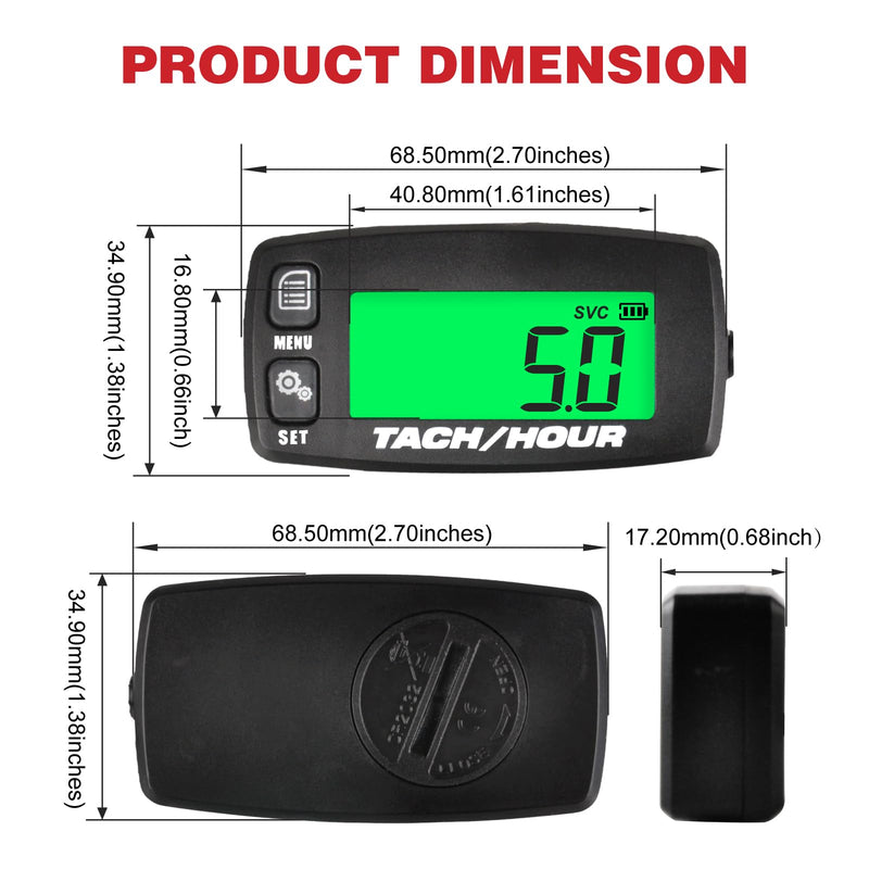 Digital Tachometer, Digital Hour Meter, Used for Lawn mowers, Motorcycles, Tractors, generators, Outboard ATVs, Snow blowers, etc., Maintenance Reminders,Replaceable Battery