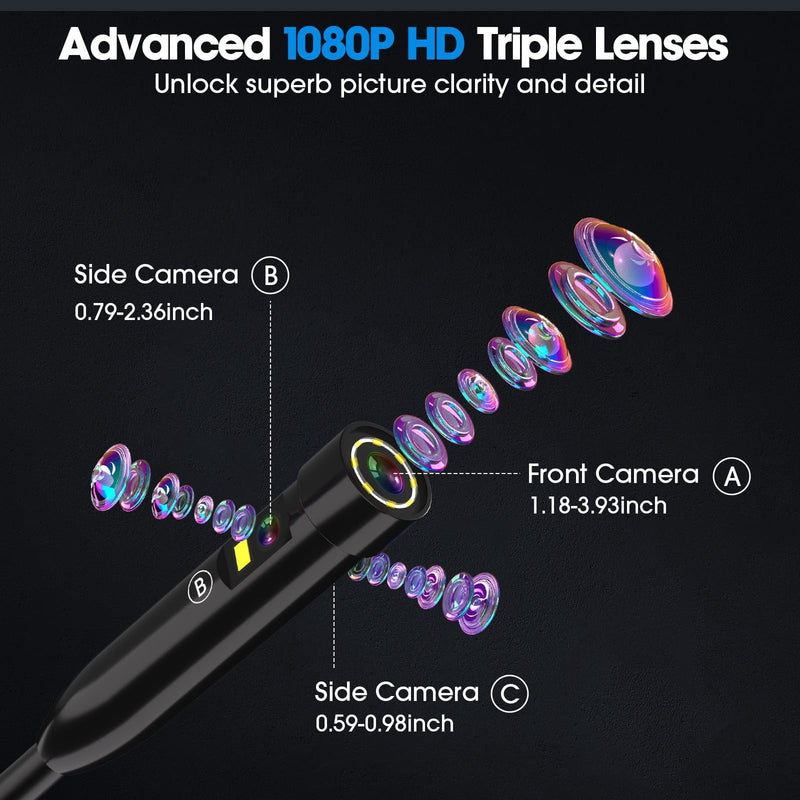 Endoscope Camera with Light,Triple Lens 1080P HD Borescope,16.4ft/5M Cable,2MP IP67 Waterproof Inspection Camera,2600mAh Battery,8GB Storage (M60-3lens-8GB-5M) M60-3lens-8GB-5M
