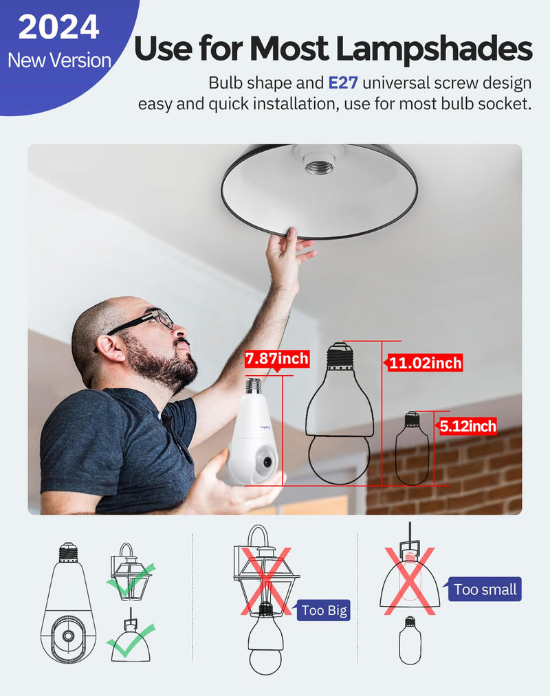 Hugolog 3K 5MP Light Bulb Security Cameras Wireless Outdoor-2.4GHz Cameras for Home Security Indoor with AI Sound Processing, Motion Detection,Color Night Vision,Auto Tracking,Siren Alarm White 3K-2 Pack