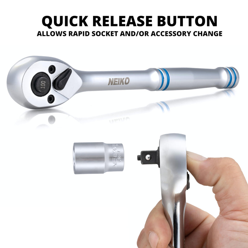 NEIKO 3/8 Inch Ratchet Wrench, 100-Tooth Reversible, 3.6 Degree Swing, Quick Release, 8" Long Handle, Silver Chrome Vanadium Steel 3/8" Drive 8" Length, 100-Tooth