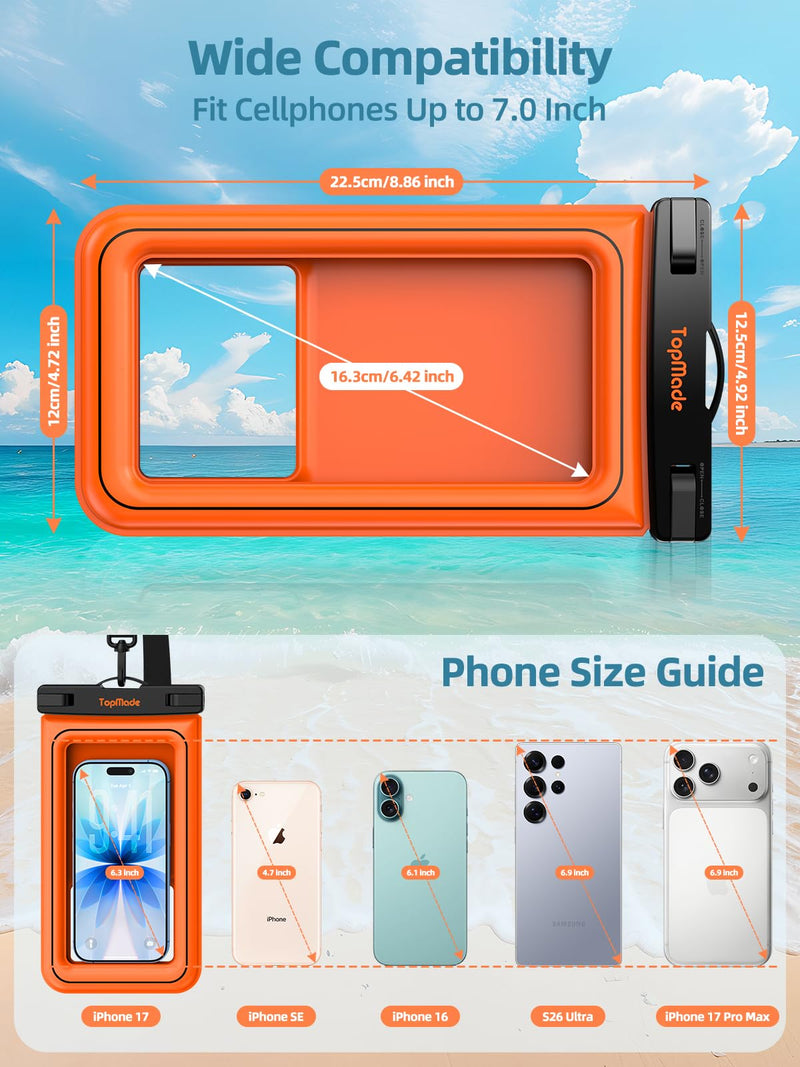 TopMade Floating Waterproof Phone Pouch, 2 Pack IP68 Waterproof Phone Case | Beach/Cruise/Travel Essentials, Detachable Lanyard, Waterproof Pouch for iPhone 17 16 15 Pro Max, S26 Ultra Up to 7", Orange